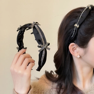 Elegant Black Satin Rhinestone Headband For Women Anti-slip Bow Hair Hoop Sparkling Crystal Fashion Hairband Hair Accessory
