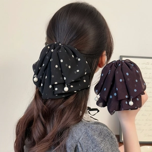 Korean Mesh Polka Dot Big Bow Hair Clip Artificial Pearl Pendant Shark Clip Sweet Ribbon Hairpin Fashion Hair Accessory For Women
