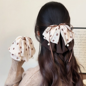 Sweet Mesh Polka Dot Double Bow Hair Clip With Faux Artificial Pearl Ribbon Tassel Vintage Chiffon Ponytail Clip For Women Jewelry