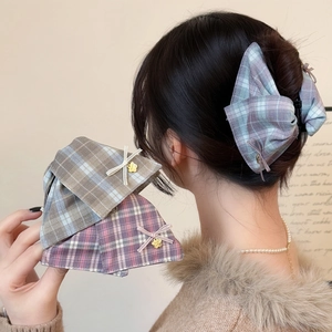 British Style Plaid Fabric Bow Hair Claw Clip For Women Preppy Sweet Grid Shark Clip Elegant Hair Accessory Clamp
