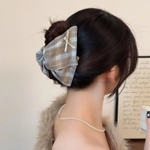 British style plaid hair claw clip with beige bow for women in light spring colors