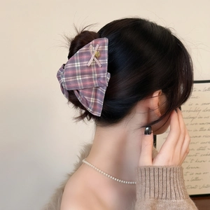 British style pink purple plaid bow hair claw clip for women's elegant hair styling