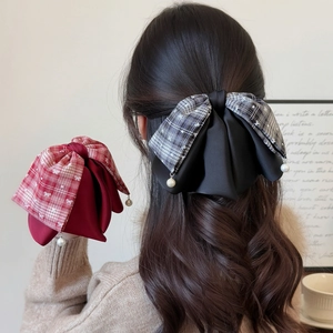 French Style Large Plaid Bow Hair Clip With Artificial Pearl Pendant Satin Fabric Elegant Ponytail Shark Clip For Women Hair Accessories