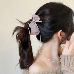 Elegante fermaglio per capelli in rete rosa chiaro con nastri per acconciature chic