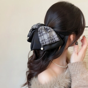 French plaid bow hair claw clip with black satin fabric and pearl drop pendants