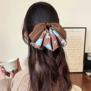 Elegant Vintage Floral Printed Satin Bow Hair Clip For Women Double Layer Ponytail Clip Large Hair Accessories French Style