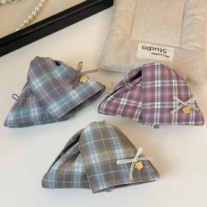 British style plaid fabric hair claws with ribbon bows and golden flower pendants