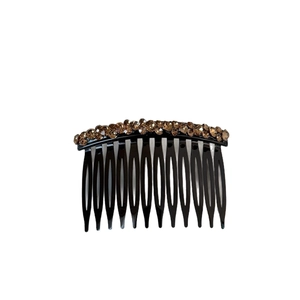 Elegant 12-tooth hair comb with amber rhinestones on a glossy black base