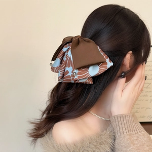 Elegant dual-layer ribbon hair claw clip with vintage print and satin brown fabric