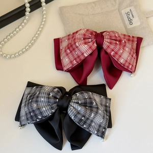 French style plaid bow hair claws with pearl charms in red and black set of two