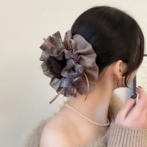Vintage brown plaid mesh scrunchie hair tie with layered chiffon ribbon for women