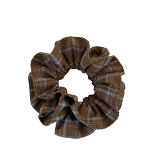 Vintage brown plaid oversized scrunchie with blue checkers for elegant women hairstyles