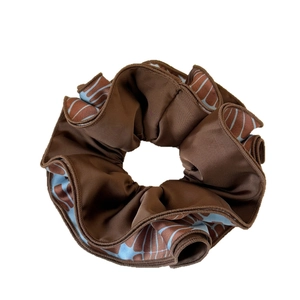 Large brown satin scrunchie with blue abstract print and premium ruffled four-layer edges