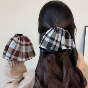 French Plaid Fabric Hair Claw Clip Ruffled Bow Design Handmade Elegant Large Ponytail Clip Hair Accessory For Women Girls
