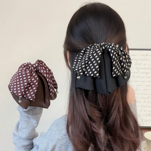 Elegant Large Bowknot Hair Clip Korean Style Grid Polka Dot Fabric Hair Claw With Bead Pendant Ponytail Clip Accessories