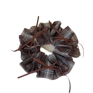Vintage plaid mesh scrunchie in brown and grey with delicate ribbon bow accents