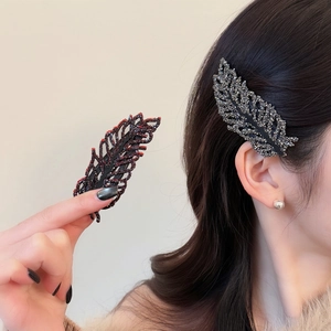 Vintage Elegant Feather Leaf Shaped Hair Clip Rhinestone Mesh Side Hairpin For Women Sparkling BB Clip Hair Accessories