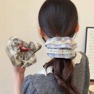 Süße Koreanische Plaid Spitze Haargummis Mit Schleife Herzanhänger Elegante Karomuster Stoff Haarbänder Für Damen Alltag Schmuck