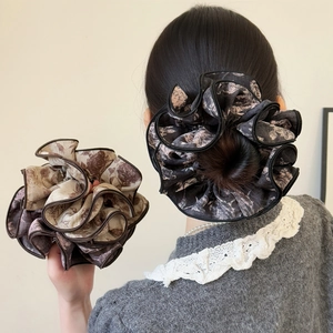 Chouchou Imprimé Rose Rétro Français Grand Plissé en Tissu Élégant Bord en Feuille de Lotus Corde à Cheveux pour Femmes Accessoires