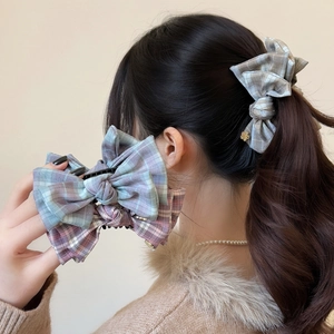 Korean Style Plaid Bow Banana Clip Elegant Fabric Vertical Hair Claw For Women Retro Checkered Hairpin Hair Accessory