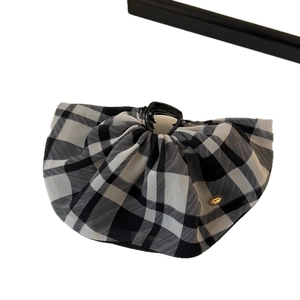 Handmade plaid fabric hair claw clip with black white pattern and gold metal buckle