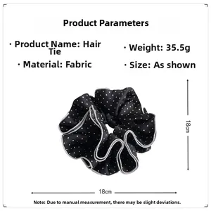Polka dot oversized scrunchie detail showing 18cm diameter size and 35.5g weight