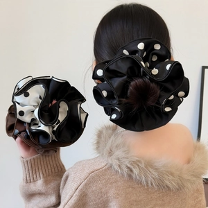 Vintage Polka Dot Pleated Satin Scrunchies Large Layered Hair Ties Elegant French Style Hair Accessories For Women Girls
