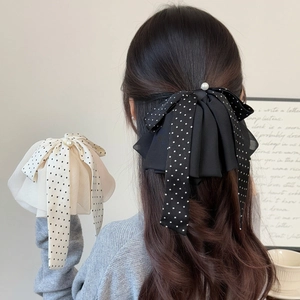Pince à Cheveux Nœud à Pois Élégante Avec Long Ruban Künstliche Perle d'Imitation Chiffon Grand Nœud Accessoires de Cheveux pour Femmes