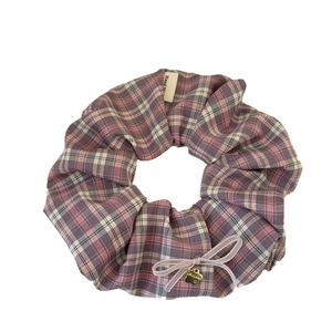 Elegant purple plaid oversized scrunchie with handmade tag and golden petal charm
