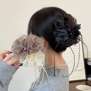 Große Organza Netz Plissierte Blume Haarklammer Mit Langen Bändern Koreanische Elegante Urlaubsstil Haarschmuck Für Damen
