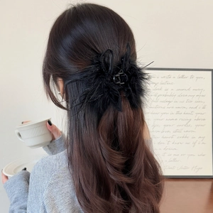 French Elegant Black Feather Hair Claw Clip Cat Ear Butterfly Shape Mesh Fluffy Hair Accessories For Women Wedding Party