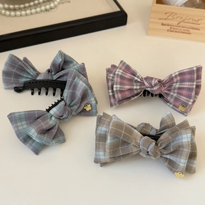 Elegant fabric plaid bow hair clips in four pastel colors with golden metal charms