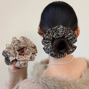 Korean Style Large Floral Scrunchies For Women Elegant Pleated Fabric Hair Ties Sweet Botanical Pattern Ponytail Holder