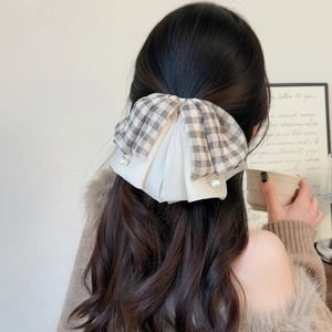 Barrette à nœud en tissu à carreaux et mousseline avec perles pour queue de cheval