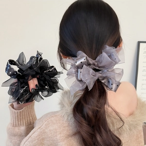 Chouchou Élégant avec Nœud en Maille et Ruban à Pois Style Français Grand Élastique en Organza pour Femmes Filles