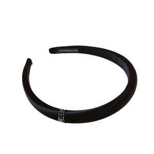 Elegant black satin headband with sparkling silver rhinestone trim for women's hair styling