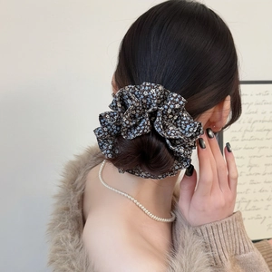 Floral print oversized scrunchie in dark brown with blue blossoms for women