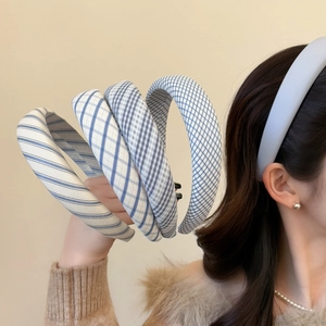 Blue Series Striped Plaid Fabric Padded Headband For Women Preppy Style Korean Fashion Wide Hair Band Accessory