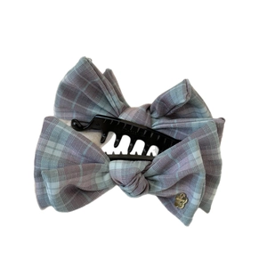 Elegant grey plaid bow banana hair clip with golden flower pendant for women