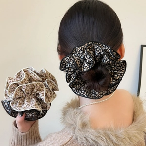 Chouchous en Tissu Floral Double Couche Élastiques Cheveux Volants Plissés Accessoires de Coiffure pour Femmes et Filles