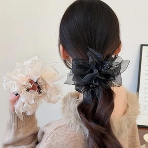 Chouchou Élégant en Organza à Pois avec Nœud et Strass Grands Élastiques à Cheveux Brillants pour Femme Accessoires Cheveux