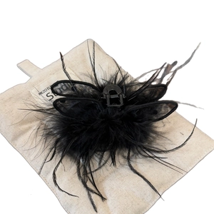Elegant 7cm black feather cat ear hair claw clip with mesh butterfly wings detail