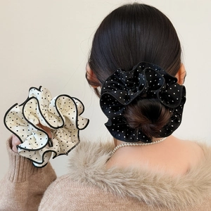 Korean Style Black White Polka Dot Double Layer Large Scrunchie Fashion Pleated Hair Tie Elegant Bun Hair Rope For Women