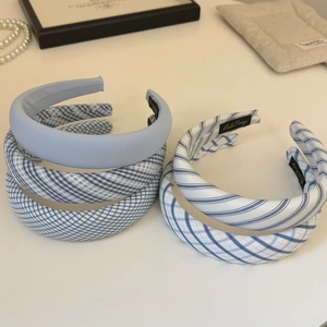 Blue aesthetic preppy padded headband set with striped and plaid fabric patterns