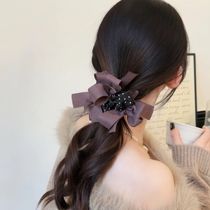 Elegante elastico per capelli marrone a più strati con fiocco a pois neri da donna