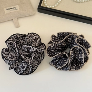 Retro black and white floral double-layer scrunchies set with soft chiffon texture