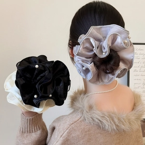 Elegant Mesh Artificial Pearl Large Scrunchie For Women Korean Style Satin Organza Hair Ties Bun Ponytail Holder Fashion Hair Accessories