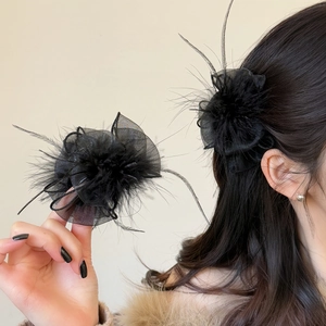 Elegant Ostrich Feather Mesh Flower Hair Claw Clip For Women Vintage Black Large Shark Clip Fashion Hair Accessories