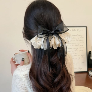 French Vintage Lace Bow Hair Clip Black White Contrast Large Mesh Spring Clip Sweet Elegant Hair Accessory For Women