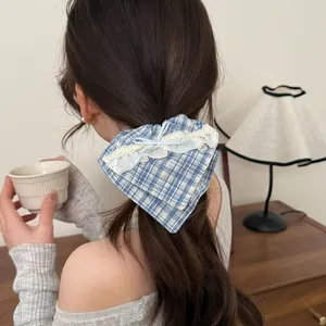 Korean Plaid Scrunchies For Women Blue White Lace Trim Bow Large Hair Rings Preppy Style Sweet Ponytail Holder Hair Accessories
